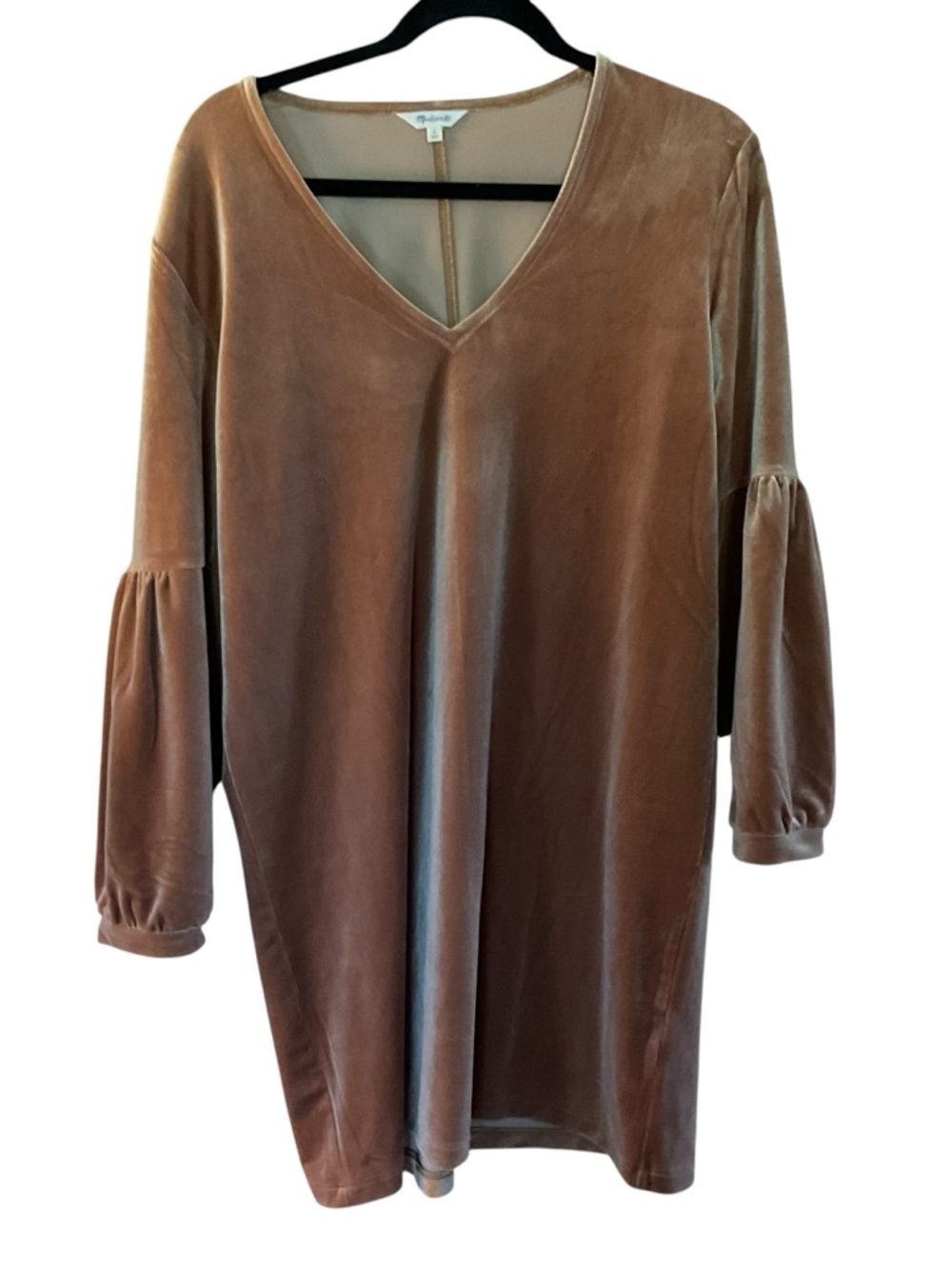 Madewell Velvet V-Neck Shift Dress Tan Long Sleeve Mini Dress Size M - Picture 2 of 8